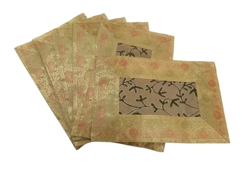 Image of Brocade Silk Placemats for Dinning Table 12 x 18 Inches Hand Embroidered, Set of 6 Decorative Placemats for Home (Beige Gold)