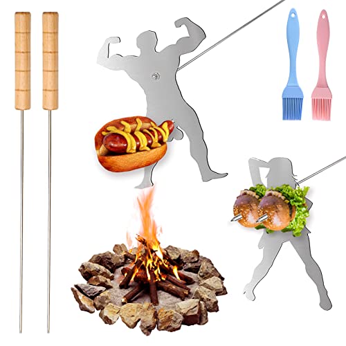 KOWSi® Muscle Man and Sexy Women 2PCS Barbecue Forks | Novelty Funny Bonfire Grill Stick | Stainless Steel Campfire BBQ Cookware Accessories with Basting Brushes (Muscle Man & Sexy Women)
