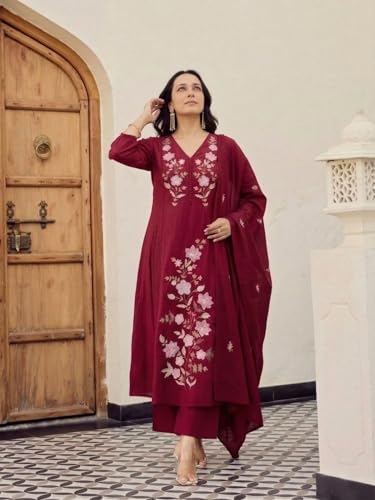 Image of ANNI Designer Kurta Set for Women Viscose Embroidered | Kurti Set for Woman | A Line Kurta Palazzo Dupatta 3 Piece Outfit | V Neck 3 /4 Sleeve Regular Fit Ethnic Dress Stylish Clothing