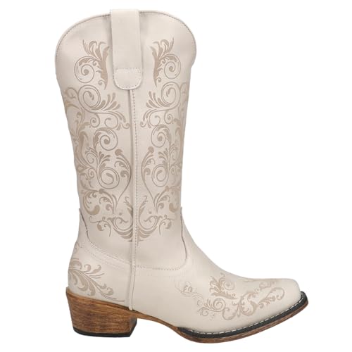 ROPER Womens Tall Stuff Embroidery Snip Toe Casual Boots Mid Calf Low Heel 1-2' - Off White - Size 8 B