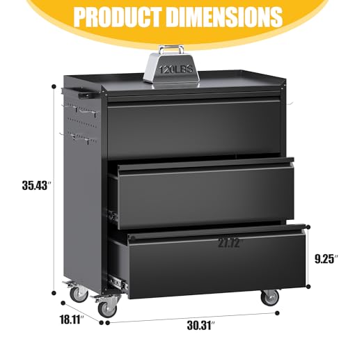 Image of 35.5 inch Rolling Tool Cabinet with 3 Drawers and Side Pegboards