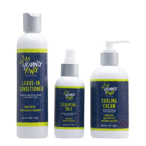 YOUNG KING HAIR CARE Kids Leave-In, Essential Oils & Curling Cream Set | 3-Step Styling System | Moisturize and Define Natural Curls | Plant-Based and Harm-Free