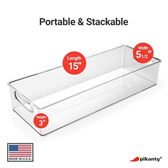 15-Inch Refrigerator Organizer Bin with Handles - Clear Plastic Storage for Fridge, Pantry, or Countertop - Dishwasher Safe - Made in the USA