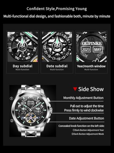 Image of OUPINKE Men Watch Automatic 5 Hands Multi Calendar Year /Month /Week /Date Mechanical 5ATM Waterproof Luxury Tungsten Steel Sapphire Crystal Wrist Watch for Men