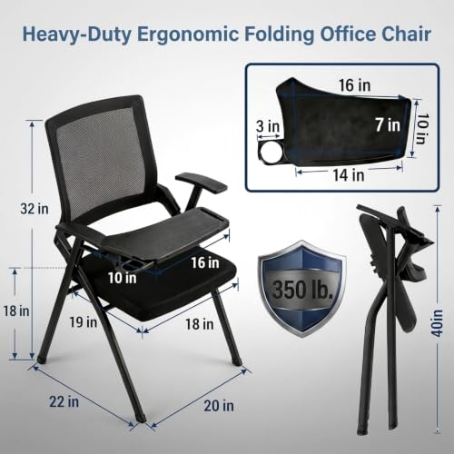 Image of 12 Pack Heavy Duty Folding Conference Chairs with Desk Attached, Cup Holder | Space-Saving Commercial Training Chair, Foldable Office Meeting Chair with Padded Seat & Tablet Arm, Classrooms, Seminars