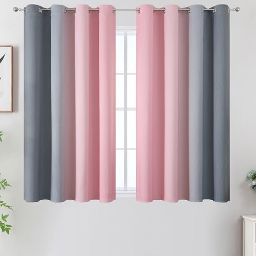 Pink and Grey Blackout Curtains 45 inches Long,Ombre Full Room Darkening Window Curtains for Living Room,Grommet Thermal Insulated Drapes,Light Blocking Curtains for Girls Bedroom,52x45 Inch, 2 Panels