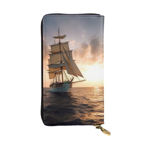 Womens Wallet Leather Slim Wallet Long Card Holder Case Zip Clutch White Sailing Ship at Sunset Travel Purse