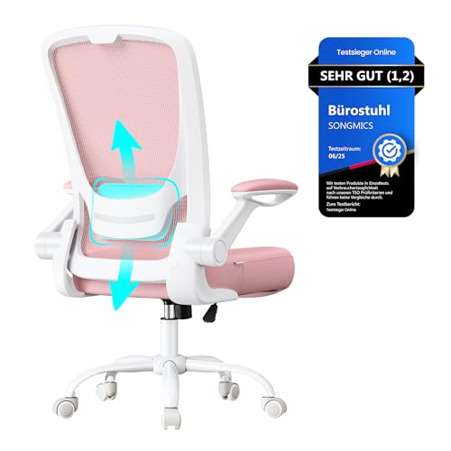 SONGMICS Bürostuhl, Schreibtischstuhl, ergonomische Rückenlehne, höhenverstellbar, hochklappbare Armlehnen, Drehstuhl, bis 120 kg belastbar, pastellrosa OBN037R01