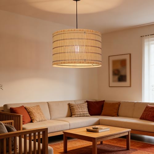 Image of Pendant Lamp Shade, Translucent Bamboo Made, 13.8x9 Inch, Modern Minimalist Style for Living Room, Bedroom (Green Pattern B)