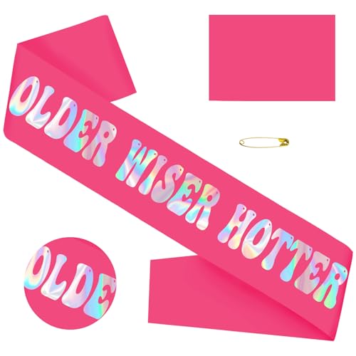 Older Wiser Hotter Sash with Iridescent Foil, Hot Pink Funny Birthday Sash for Women 30th 40th 50th 60th 70th 80th Birthday Party Decorations Sign Gift(Hot Pink + Iridescent )