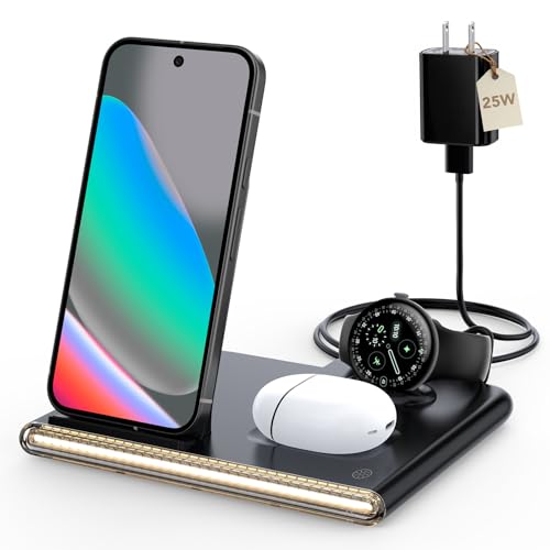 3 in 1 Foldable Charging Station for Google Pixel Watch 4 Wireless Charger for Google Pixel Fast Wireless Charger Stand Travel Charger for Pixel 10 Pro/Pro XL/Fold Buds Pro 2(Only for Watch 4)
