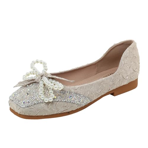 Women's Silk Pearl Bowtie Ballet Flats - Rhinestone Sparkly Slip-On Loafers Square Toe Comfortable Flats for Casual Work & Dress Occasions