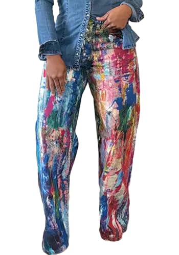 Famnbro Womens Baggy Y2k Jeans Tie Dye Print Splash High Waisted Straight Wide Leg Boyfriend Denim Pants Streetwear