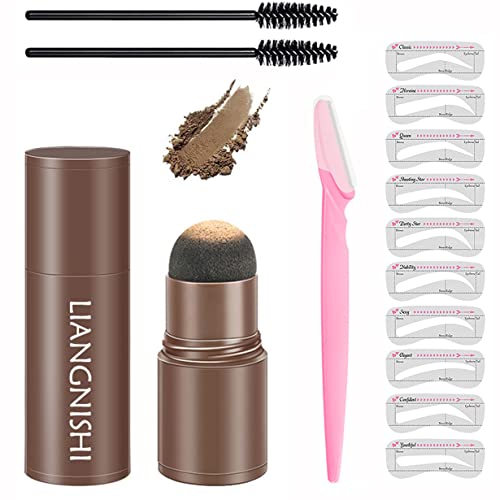 Eyebrow Stamp Powder ,Eyebrow Tattoo Pencil,with 10 Reusable Eyebrow Stencils ,Eyebrow Brushes, Long Lasting Waterproof Natural Looking Brows (Light Brown)