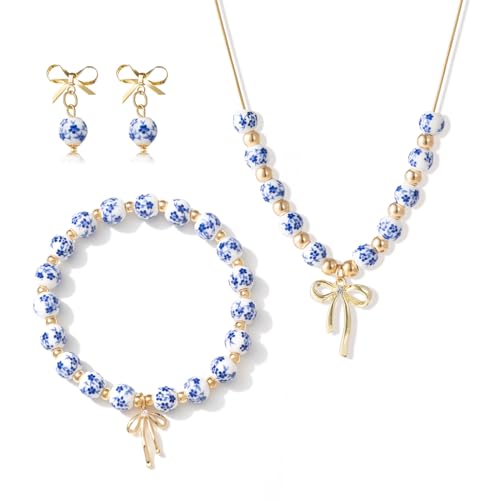 3PCS Beads Bow Charm Bracelet for Women Dainty Flower Beaded Necklace and Earrings Set Handmade Stretch Gold Vintage Coquette Jewelry Gifts