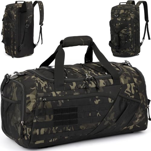 TONRUYN Bolsa Deporte Hombre 45L Mochila Gimnasio Táctica Militar Bolsa de Viaje con Compartimento para Zapatos + Separada Seco y Humedo para Natacion, Fitness, Fin De Semana, Camuflaje