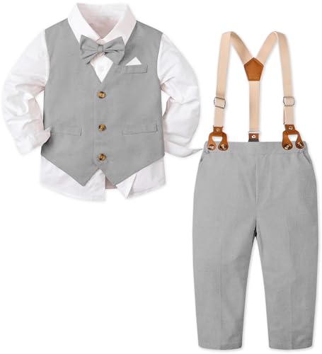 Image of SANGTREE Boys Suit Cotton Linen Formal Set Baby Boy Dress Clothes Gentleman Wedding Ring Bearer Outfits, 3 Months - 9 Years