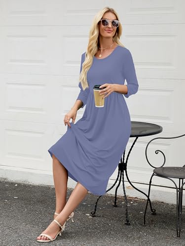 Image of Heymoments Women's Casual 3 /4 Sleeve Midi Dress Crewneck A Line Tiered Flowy Loose Travel Long Dresses with Pockets