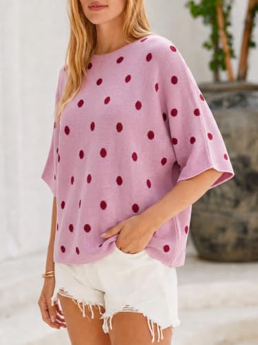 Image of Cicy Bell Womens Oversized Short Sleeve Sweaters Tops Knit Fall Pullovers | Half Sleeve Trendy Casual Loose Fit Sweater, Heart&ploka dot&floral pattern,Knitted Boat Neck Work Top for Teachers