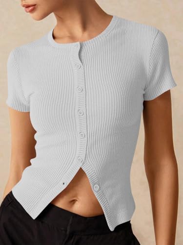 Image of Imily Bela Womens Short Sleeve Sweater Tops Summer Button Down Casual Ribbed Knit Slim Fit Cropped Cardigan Shirts