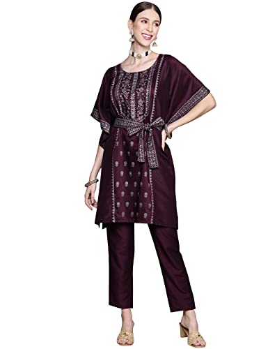 Ziyaa Women's Burgundy Chinon Flared Kurta And Pant Set(Zikuch3800Andpa-M)
