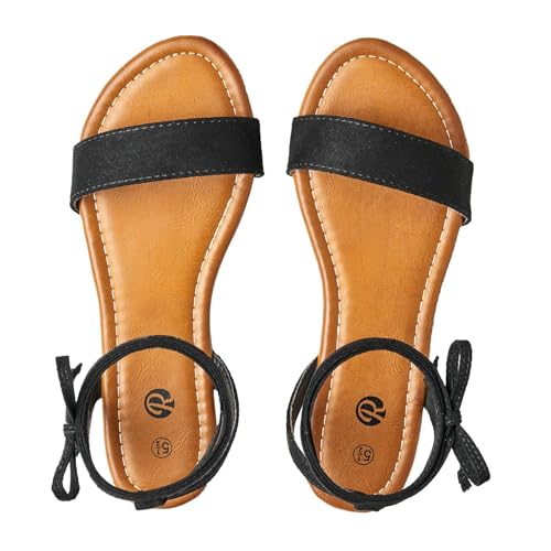 Rekayla Black Sandals Open Toe Tie Up Ankle Wrap Flat Sandals for Women Comfortable Casual Dressy Summer Shoes Suede Strappy Sandal, Size 8