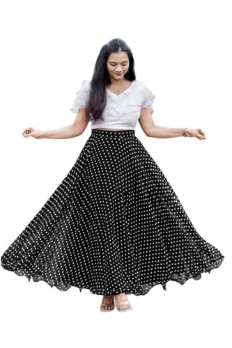 Image of Women's Lycra Top with Georgette Skirt | Polka Dot Print Long Flared Maxi | Full Length Flowy Skirt for Women | Stylish Casual Wear
