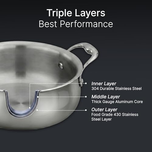 Image of AGARO Regency 3.5 L Triply Stainless Steel Handi with Glass Lid, Tri-Ply Induction & Gas Compatible, Even Heat Distribution, Non-Toxic Steel Cookware, Biryani Pot for Rice, Curry & Daily Cooking