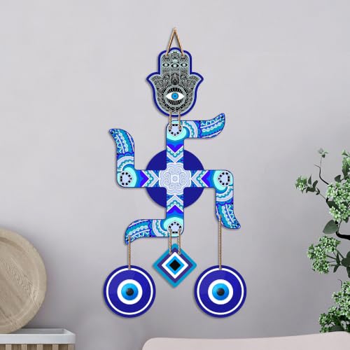 Image of Artvibes Artistic Swastik Wall Hanging with Evil Eye Charms | Decorative Wooden Vastu Ornament for Home Entrance | Spiritual Decor for Prosperity | Harmony and Protection | Wall Art Gift (WH 85107N)
