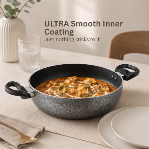 Image of Kreme Non Stick Cookware Set 4pcs | Aluminium Cookware Set Combo | Non Stick Flat Tawa, Fry Pan, Sauce Pan, Kadhai with Lid | Uses Less Oil | Non-Induction Base | Gas Stove Compatible Kitchen Set