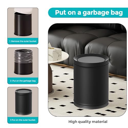 Image of 2.3 /9L Gallon Metal Trash Can with Lid,Black,Light Luxury,Elegant Garbage Can,Bathroom Waste Basket,for Living Room,Home,Bedroom,Office,Bank,Under Desk(9L-Black)