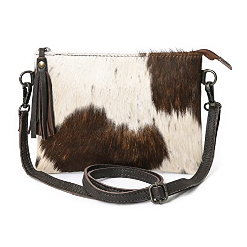 Merbaa Cowhide and Hair on Pouch Bag Genuine Cowhide Hair on Small Crossbody Bag with Adjustable Detachable Strap