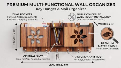 Image of Wall Mount Key Holder & Mail Organizer | Laser-Cut Key Hanger with 7 Metal Hooks, Letter Rack & Pen Stand | Wooden Wall Decor for Entryway, Living Room, Home & Office (Noir-Petal)