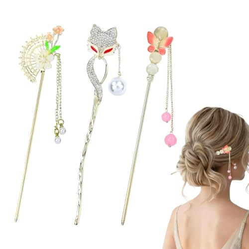Image of SANNIDHI 3Pcs Hair Stick for Bun Stick Decorative Hair Pins with Tassel & Floral Charms, Vintage Chinese-Style Alloy Accessories for Women, Perfect for Bun & Updo Styling