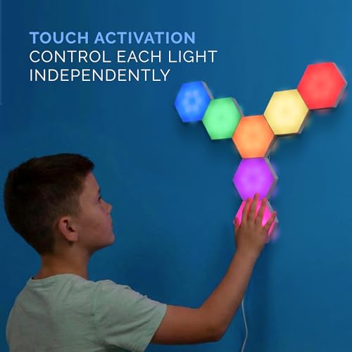 Image of Emberela HEXlights Sensory Lights for Kids - 7pk Touch Hexagon Lights, Remote Controlled - Autism-Friendly Tap Tap Wall LED Panels for Sensory Room - Table Stand Included