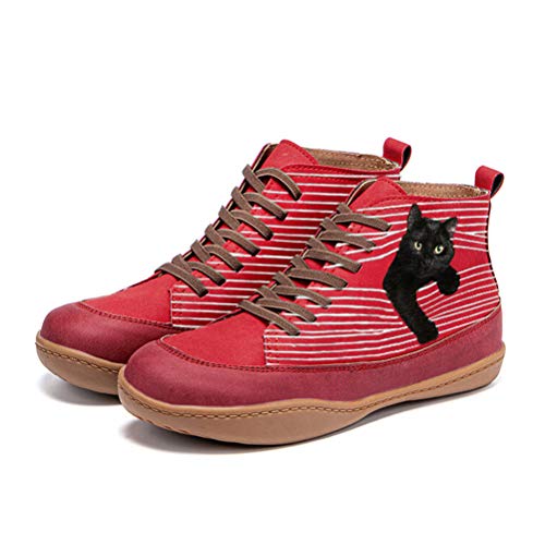 ORANDESIGNE Botas con Cordones con Estampado de Gato de Dibujos Animados en 3D para Mujer Zapatos Altos con Cordones y Estampado Animal Suave Rojo 40 EU