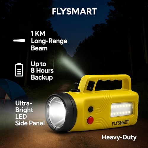 Image of Flysmart Bullet Queen Heavy Duty LED Searchlight Rechargeable, Long Range Focus Beam, Powerful Battery, Waterproof Torch with Side LED for Camping & Emergency
