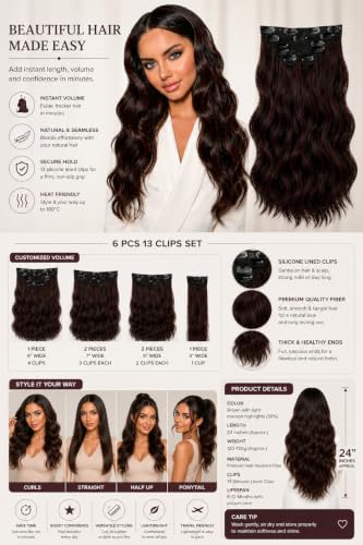 Image of Salon-Grade BROWN with MAROON HIGHLIGHTS Curly /Wavy Clip-in Extensions - 6PCS Synthetic Hair Volumizer with 13 Secure Clips for Instant Volume & Realistic Blend