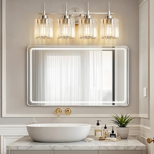 Image of EJIAXIN Crystal Bathroom Vanity Lights, 4 Light Bath Mirror Light Brushed Nickel Round Crystal Wall Mount Light Fixture Over Mirror Morden for Living Room