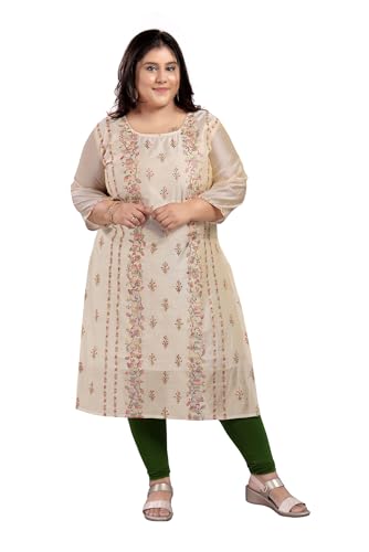 Image of DREAM & DZIRE Women's Chanderi Cotton Kurti | Floral Hand Embroidery | 3 /4 Sleeve | Round Neck | Calf Length Straight Kurta | Beige | S to 8XL Plus Size