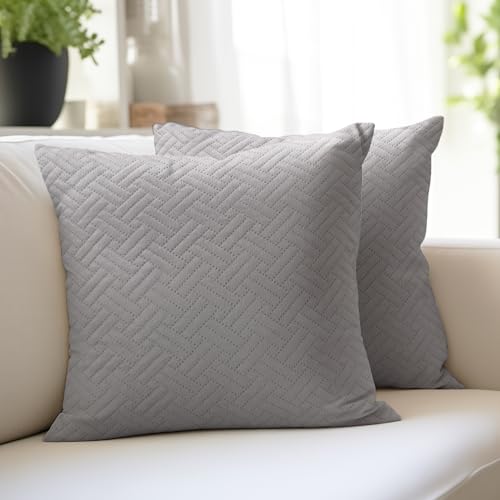 Image of Encasa XO Quilted Velvet Cushion Covers, Pillow Covers, No Inserts Grey | 16 inchx16 inch | Double Sided Texture | Hidden Zipper | Machine Washable | Set of 2