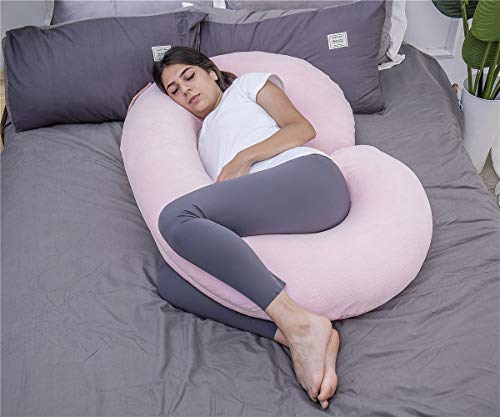 Image of 1 MIDDLE ONE Pregnancy Pillow, C Shaped Body Pillow for Maternity Support, Pregnant Women Sleeping Pillow with Velour Cover (Light Pink)