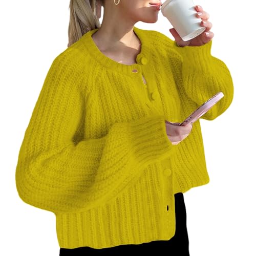 Cardigan Sweaters for Women Chunky Knit Cardigans Crew Neck Long Sleeve Button Sweater Soft Loose Cropped Sweater