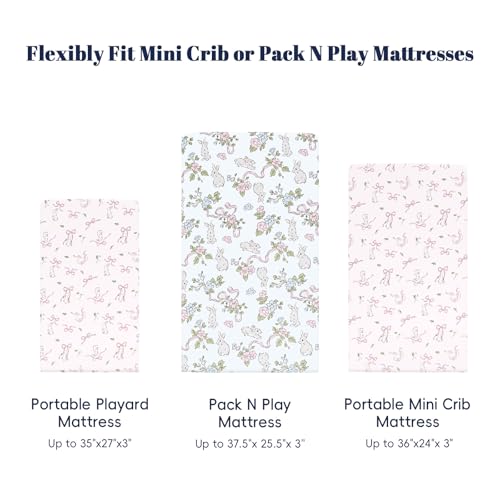 Image of PHF Soft Mini Crib Sheet Set, 2 Pack Silky Comfy Pack N Play Sheets for Girls, Universal Fit for Pack N Play, Playard and Mini Crib Mattresses, Rabbit & Floral