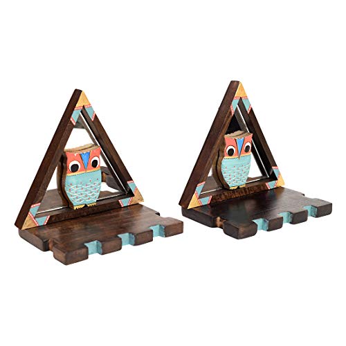 Image of AAKRITI ART CREATIONS Triangular Wall Decor Shelves (SO2) with Blue Owl Motifs Set on Mirrors (7x4.7x7.2)