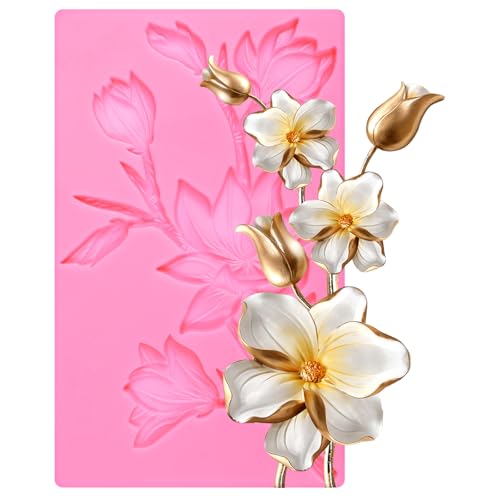 JJUNW 3D Silikonform Blumen, Magnolien Silikon-Formen-Set, Schokoriegel Form Gießformen Klein Backen Schokoladenforme für Geburtstage Stortendekoration Cupcake-Topper Süßigkeiten Schokolade