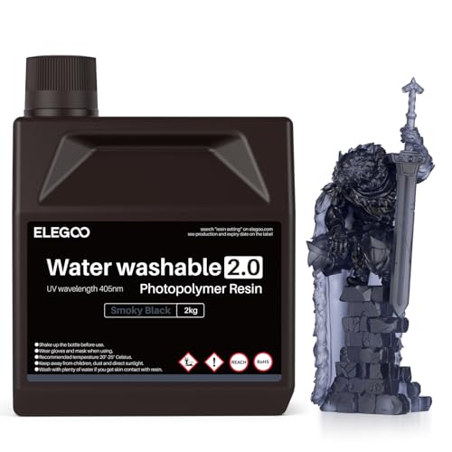 ELEGOO Upgraded Water Washable 3D Printer Resin 2.0, 405nm UV-Curing 3D Resin with Lower Shrinkage and Higher Precision for LCD 3D Printing Smoky Black 2000g