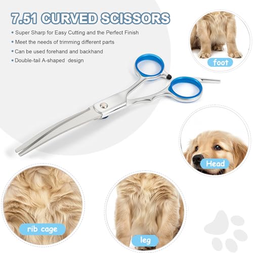 3 Stück Hundeschere Gebogene Schere Hund Fellschere Edelstahl Hunde Schere für Hunde Katzen Haustiere mit Schneiden Schere, Verdünnung Schere, Pflege Kamm (Blau, 3in1)