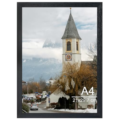OMISHE Cornice in legno A4 21 x 29,7 cm, colore nero, formato A4, con plexiglass, cornice portafoto in legno A4, da appendere alla parete o sul tavolo, nera, confezione da 1
