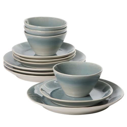 Image of Gibson Elite Plates and Bowls Set, 12 Piece Stoneware Dinnerware for 4 | River Delta Collection - Ceramic Dishes, Reactive Glaze Ombre Blue, Microwave Safe Dishware, Chip Resistant, Family Dining